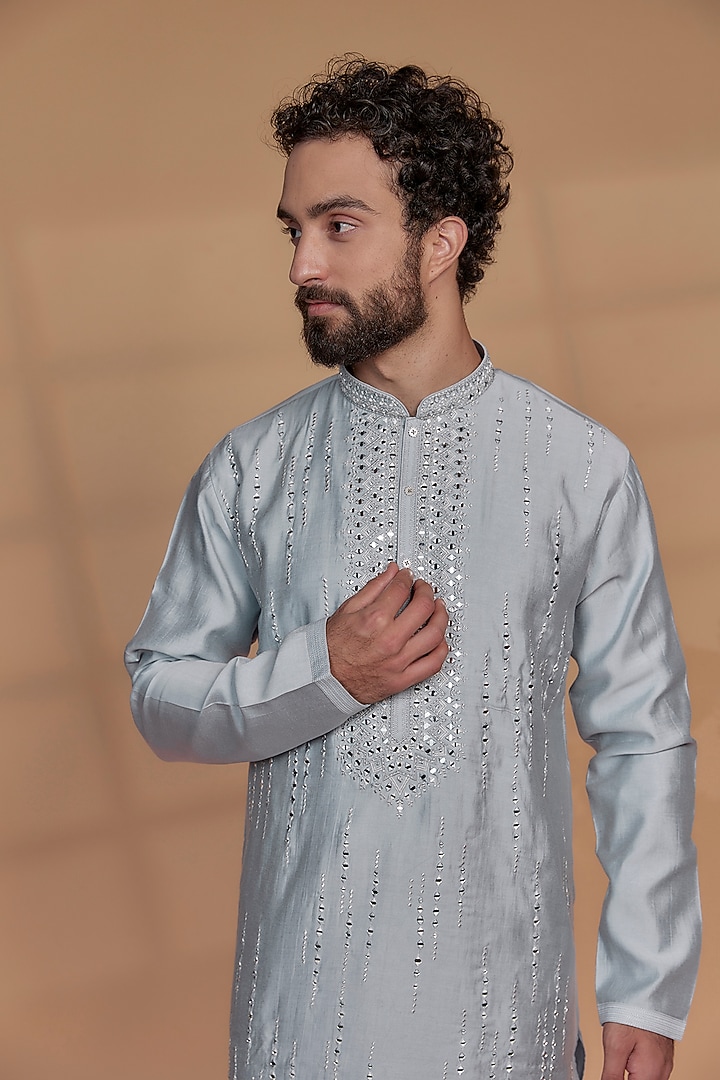 Silver Grey Banarasi Silk Mirror Embellished Kurta Set by RIYAASAT at Pernia's Pop Up Shop