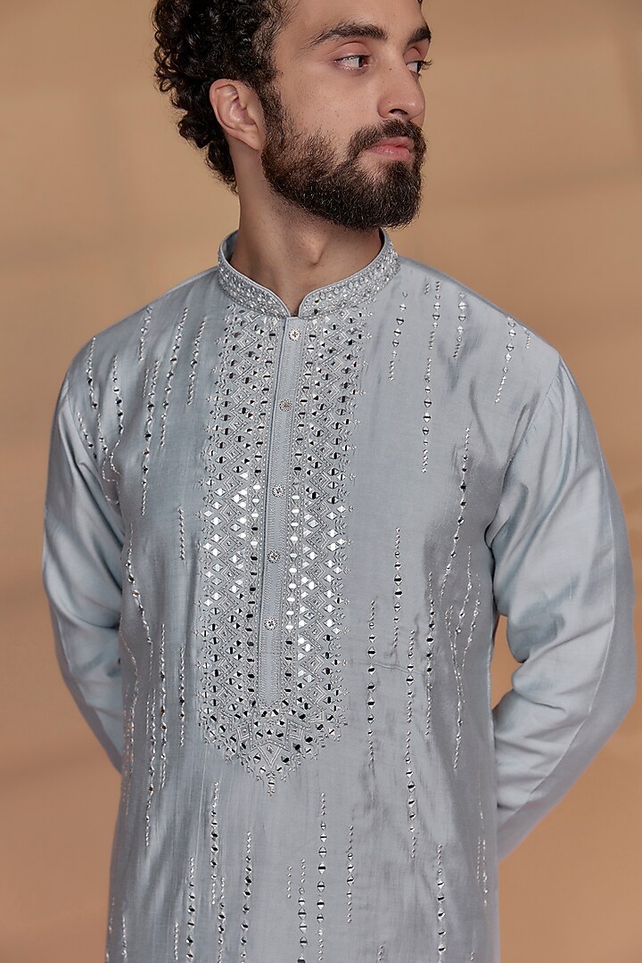 Silver Grey Banarasi Silk Mirror Embellished Kurta Set by RIYAASAT at Pernia's Pop Up Shop