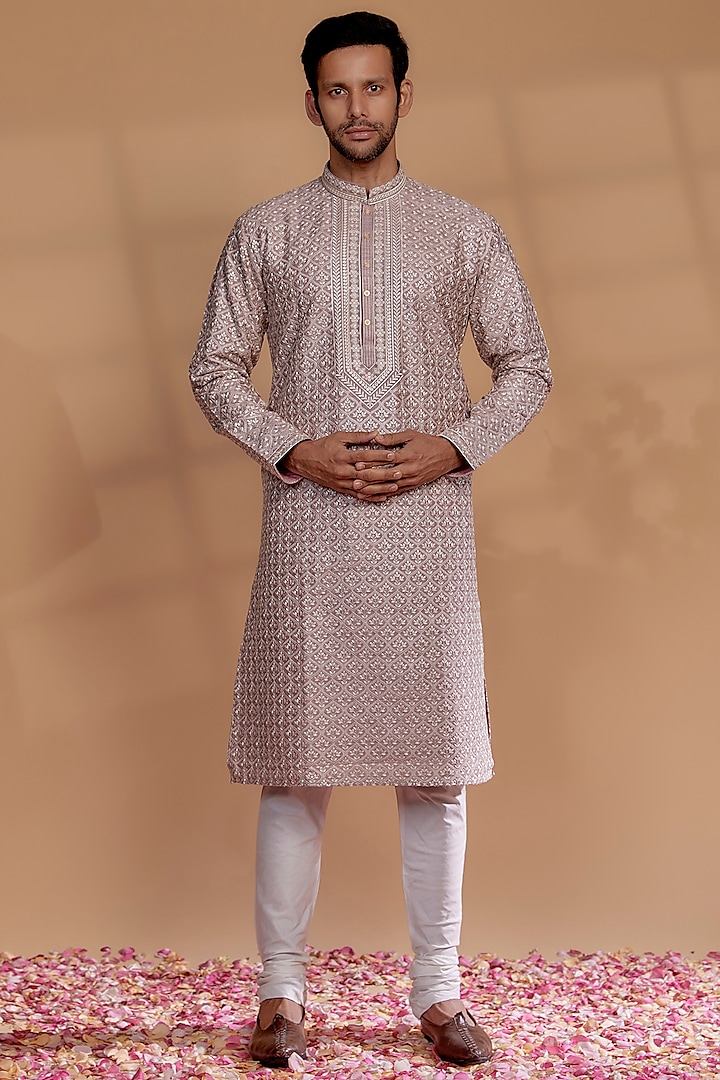 Rose Gold Silk Hand Embroidered Kurta Set by RIYAASAT at Pernia's Pop Up Shop