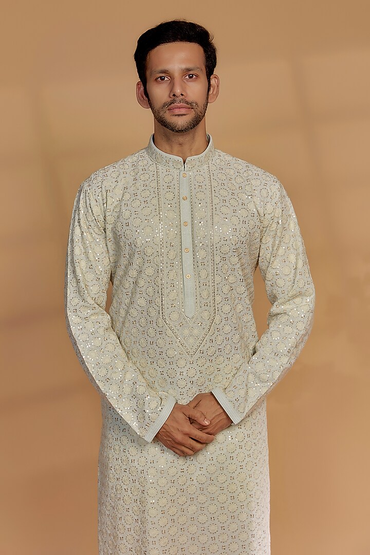 Buy RIYAASAT Pastel Blue Lucknowi Kurta Set at Pernia