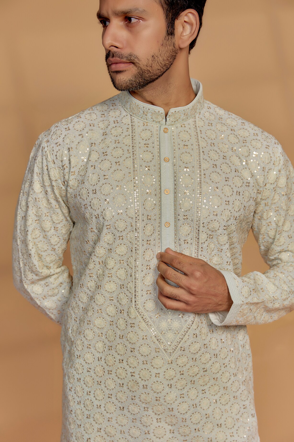 Buy RIYAASAT Pastel Blue Lucknowi Kurta Set at Pernia