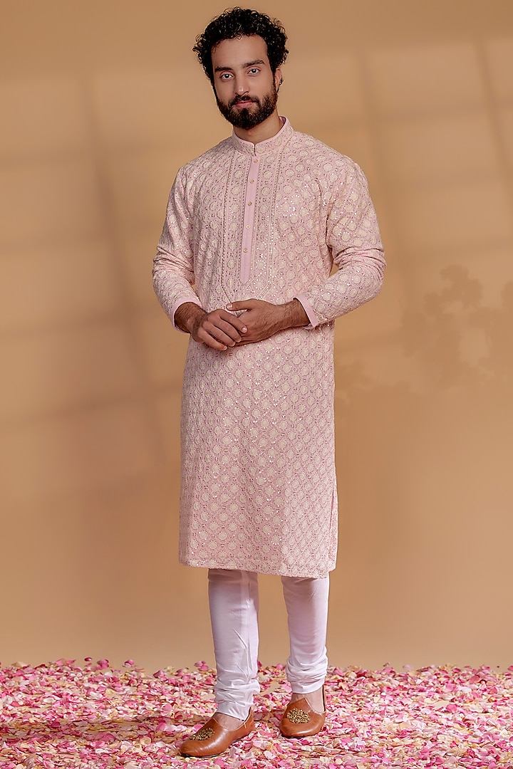 Blush Pink Lucknowi Georgette Kurta Set by RIYAASAT