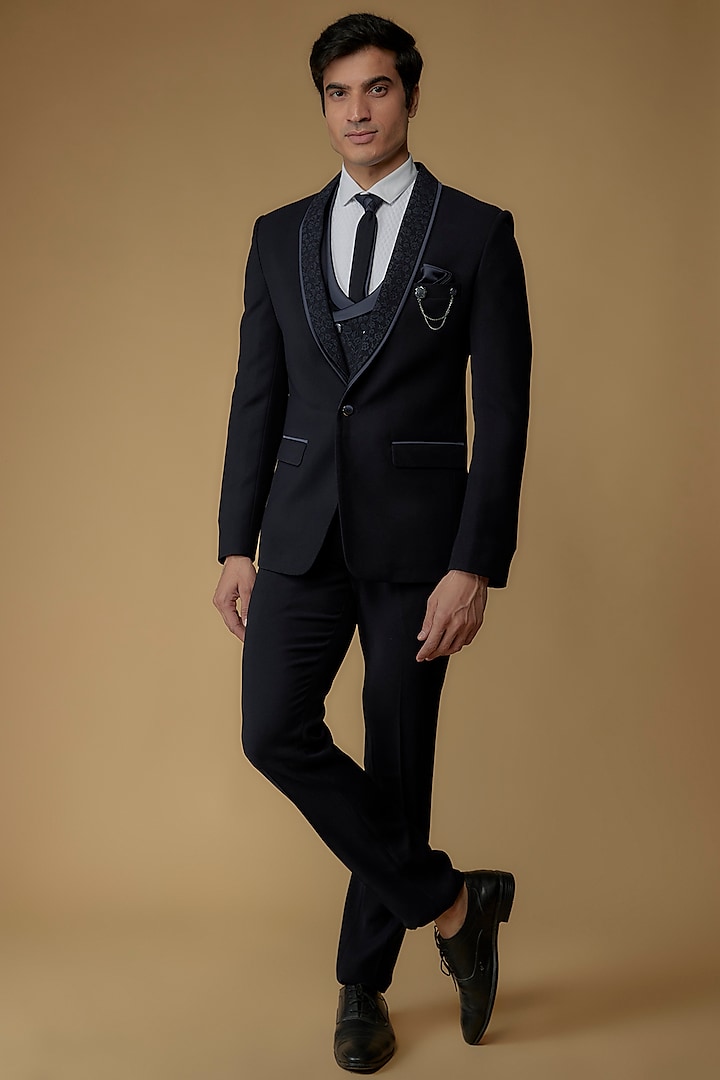 Dark Blue Japanese Suiting Fabric Tuxedo Set by RIYAASAT at Pernia's Pop Up Shop