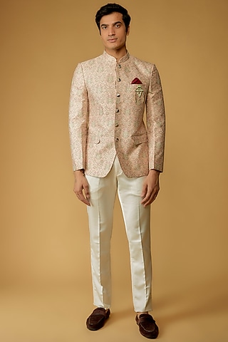 Peach Silk Printed Jodhpuri Bandgala Set by RIYAASAT