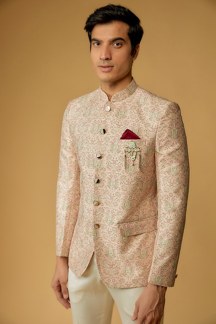 Peach Silk Printed Jodhpuri Bandgala Set by RIYAASAT at Pernia's Pop Up Shop