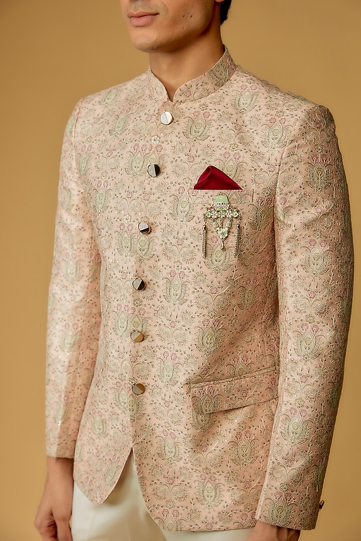 Peach Silk Printed Jodhpuri Bandgala Set by RIYAASAT at Pernia's Pop Up Shop