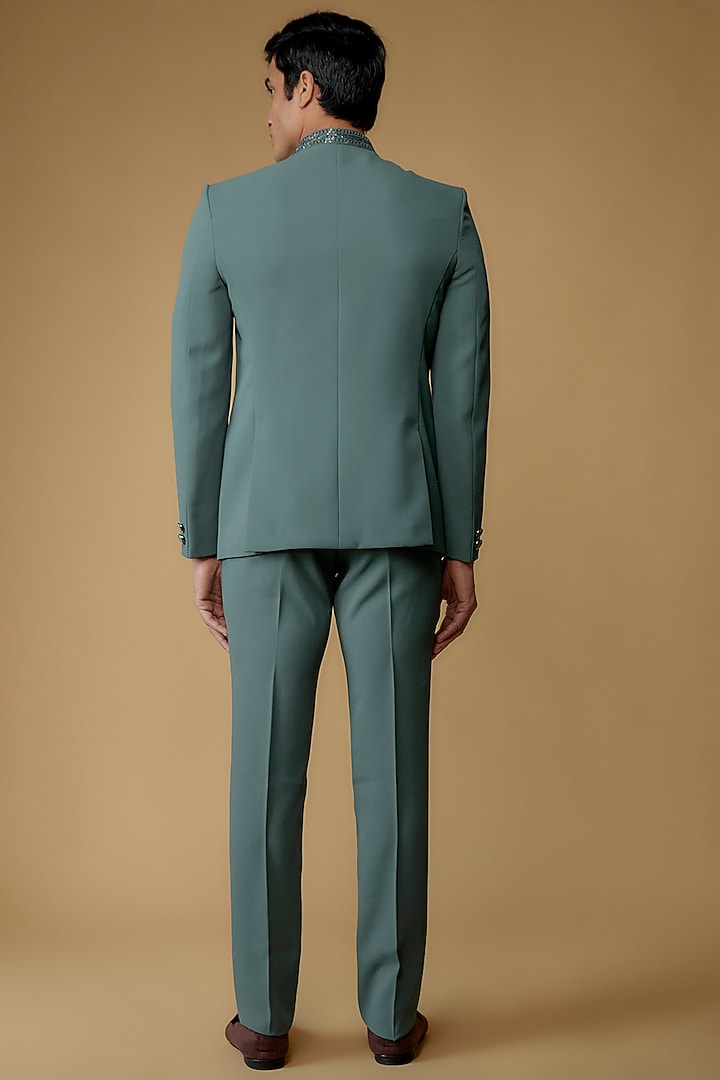 Teal Blue Japanese Suiting Fabric Bandgala Set by RIYAASAT at Pernia's Pop Up Shop