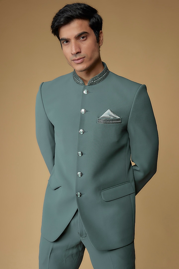 Teal Blue Japanese Suiting Fabric Bandgala Set by RIYAASAT at Pernia's Pop Up Shop