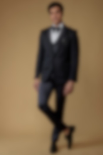 Grease Black Jacquard Cutdana Embroidered Tuxedo Set by RIYAASAT at Pernia's Pop Up Shop