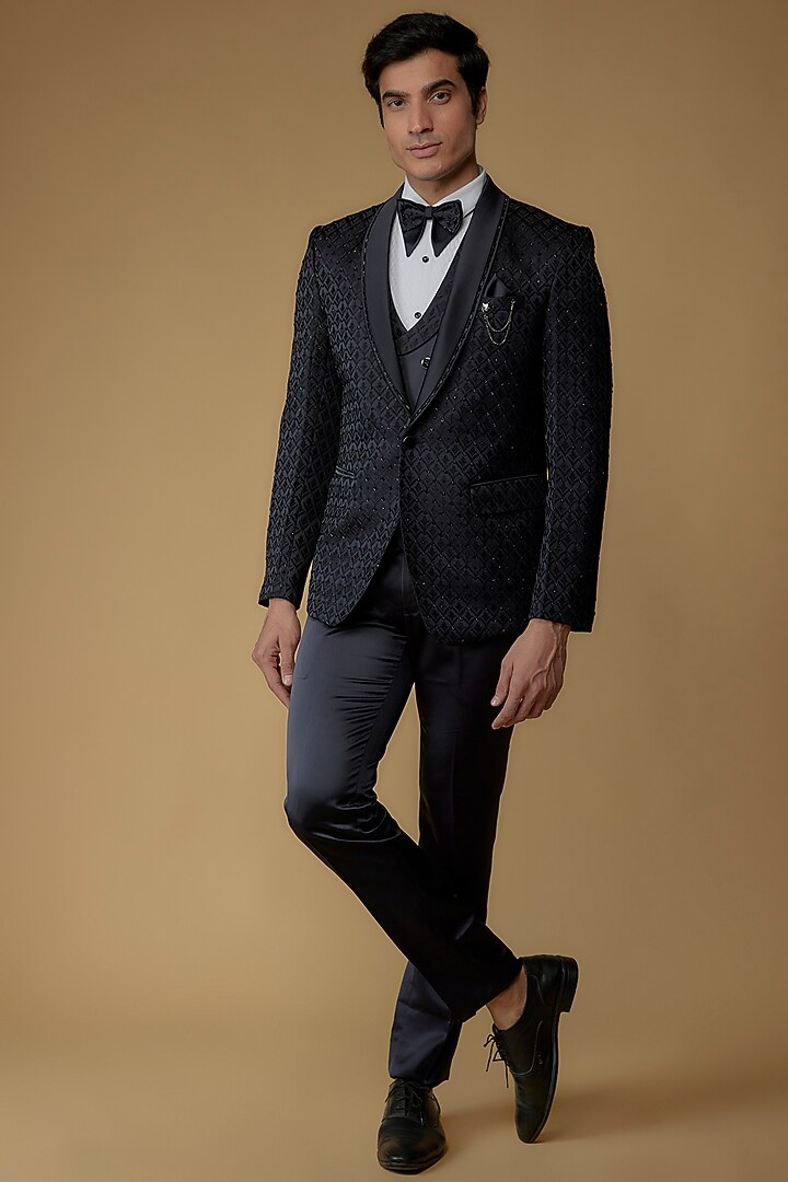Grease Black Jacquard Cutdana Embroidered Tuxedo Set by RIYAASAT at Pernia's Pop Up Shop