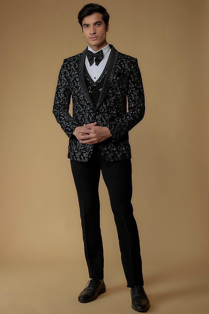 Black Velvet Thread Embroidered Tuxedo Set by RIYAASAT