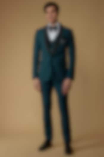 Blue Japanese Suiting Hand Embroidered Tuxedo Set by RIYAASAT at Pernia's Pop Up Shop