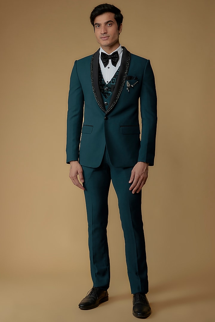 Blue Japanese Suiting Hand Embroidered Tuxedo Set by RIYAASAT at Pernia's Pop Up Shop