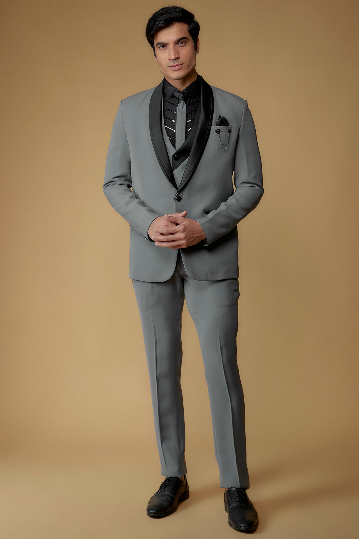 Dusty Grey Japanese Suiting Hand Embroidered Tuxedo Set by