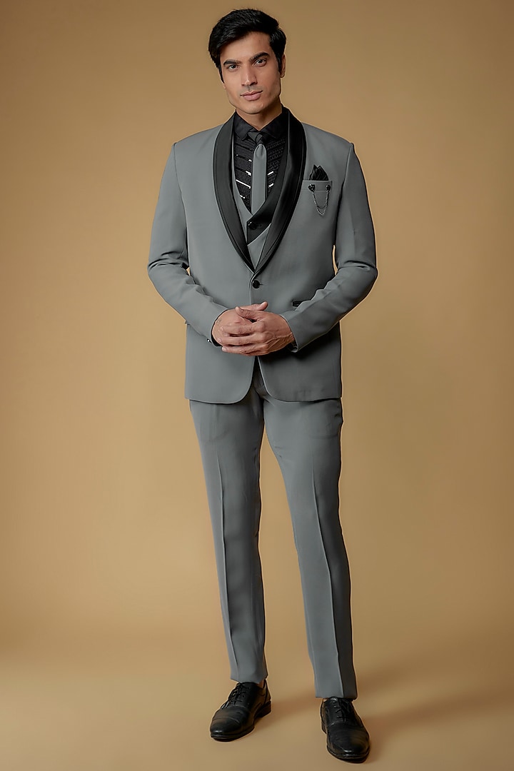 Dusty Grey Japanese Suiting Hand Embroidered Tuxedo Set by RIYAASAT