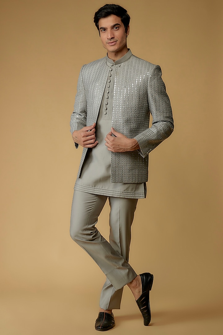 Fog Grey Silk Sequins Work Jodhpuri Set by RIYAASAT