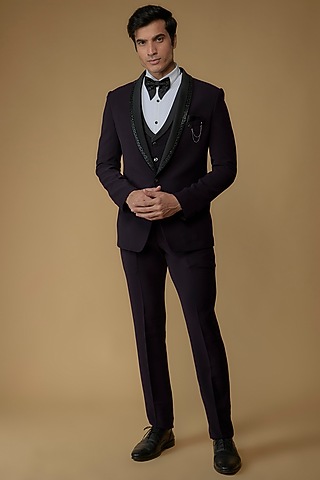 Dark Purple Japanese Suiting Hand Embroidered Tuxedo Set by RIYAASAT
