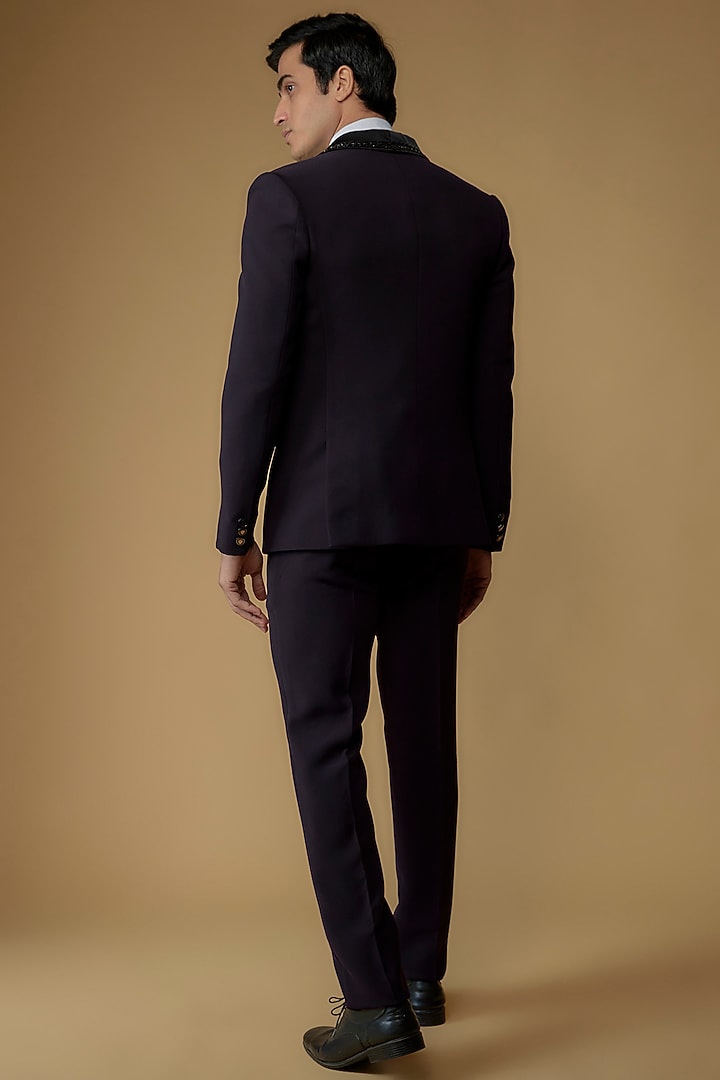 Dark Purple Japanese Suiting Hand Embroidered Tuxedo Set by RIYAASAT at Pernia's Pop Up Shop