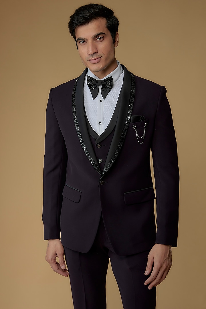 Dark Purple Japanese Suiting Hand Embroidered Tuxedo Set by RIYAASAT at Pernia's Pop Up Shop