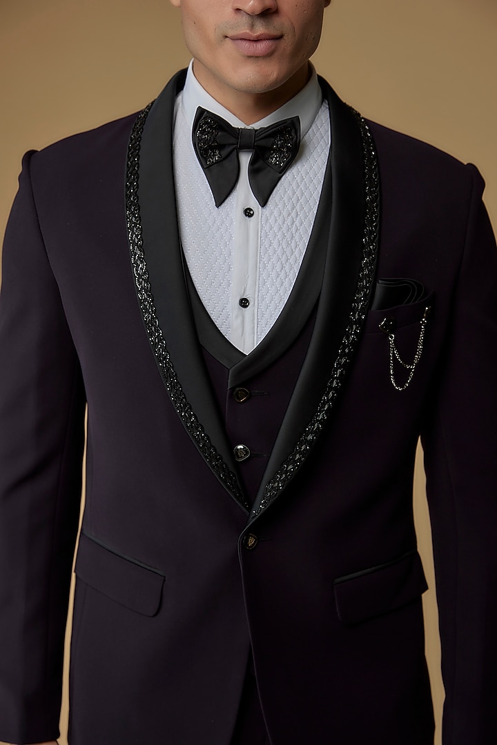 Dark Purple Japanese Suiting Hand Embroidered Tuxedo Set by RIYAASAT at Pernia's Pop Up Shop