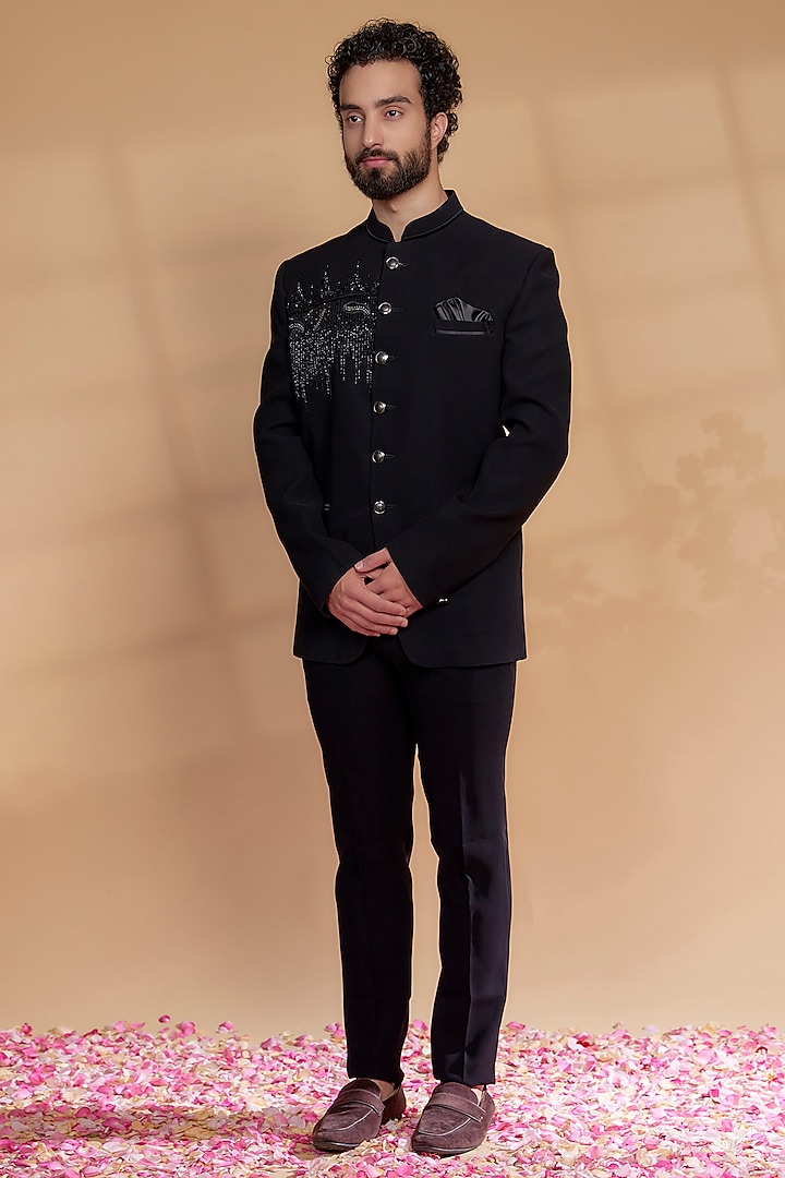 Black Japanese Suiting Fabric Bandhgala Set by RIYAASAT at Pernia's Pop Up Shop