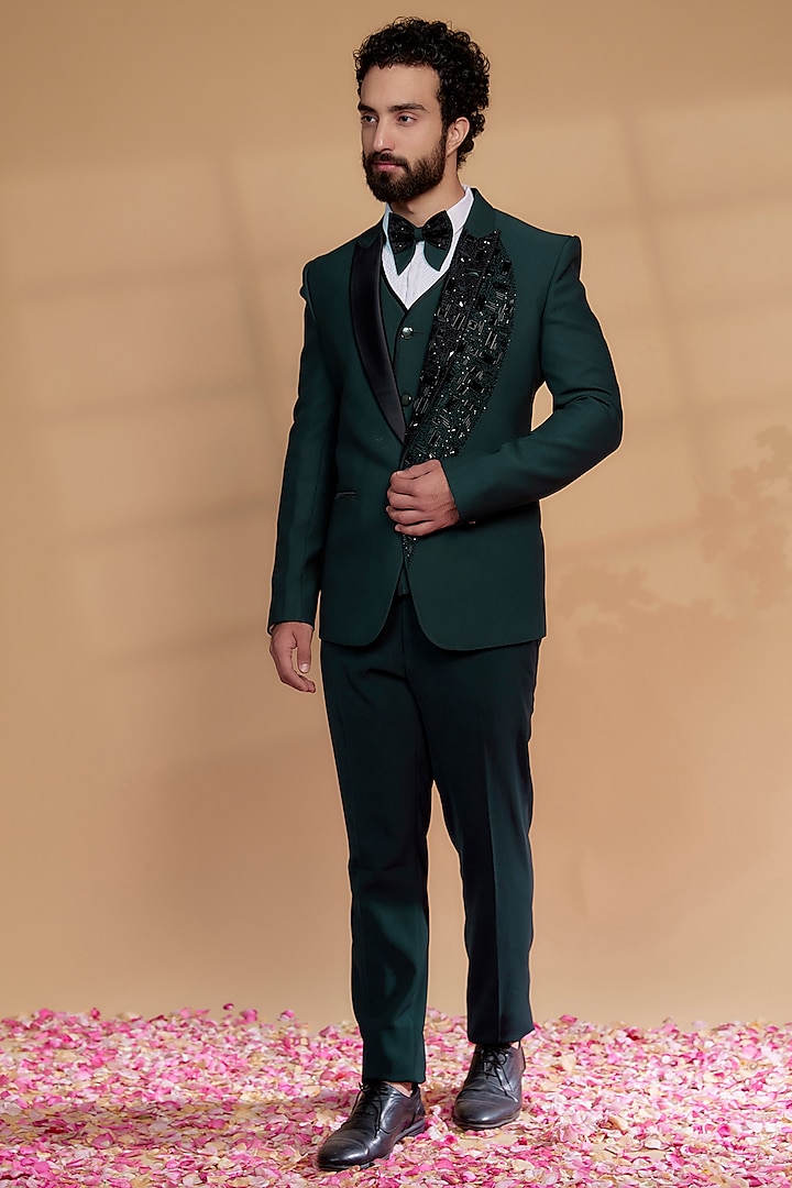 Deep Green Imported Suiting Fabric Embroidered Tuxedo Set by RIYAASAT