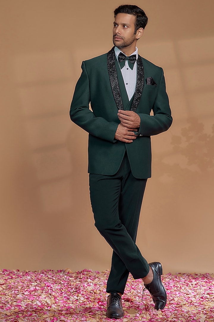 Royal Green Imported Suiting Fabric Embroidered Tuxedo Set by RIYAASAT