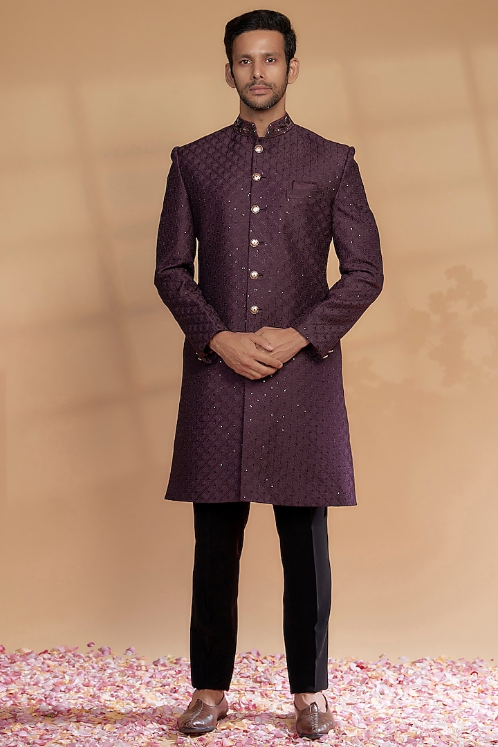 Wine Raw Silk Sherwani Set by RIYAASAT