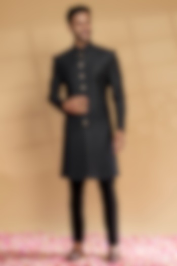 Black Raw Silk Wedding Sherwani Set by RIYAASAT at Pernia's Pop Up Shop