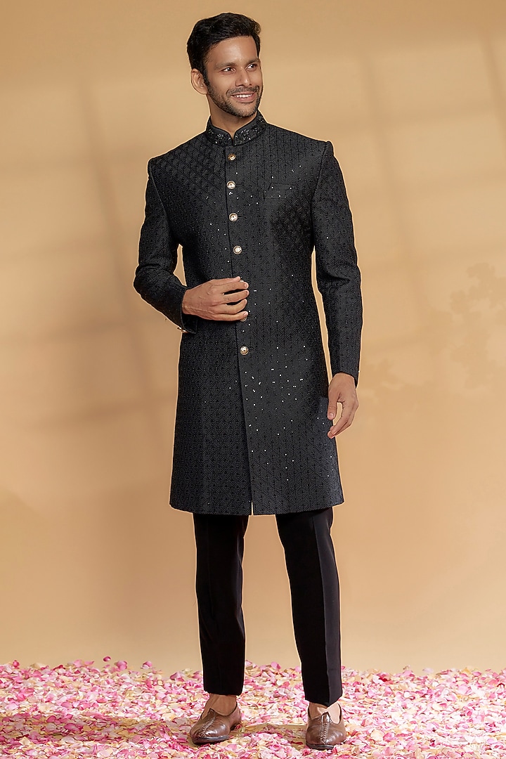 Black Raw Silk Wedding Sherwani Set by RIYAASAT at Pernia's Pop Up Shop