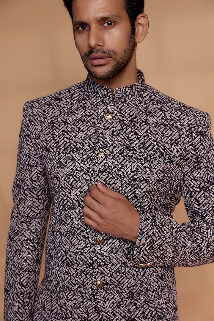 Black Velvet Sequined Bandhgala Set by RIYAASAT at Pernia's Pop Up Shop