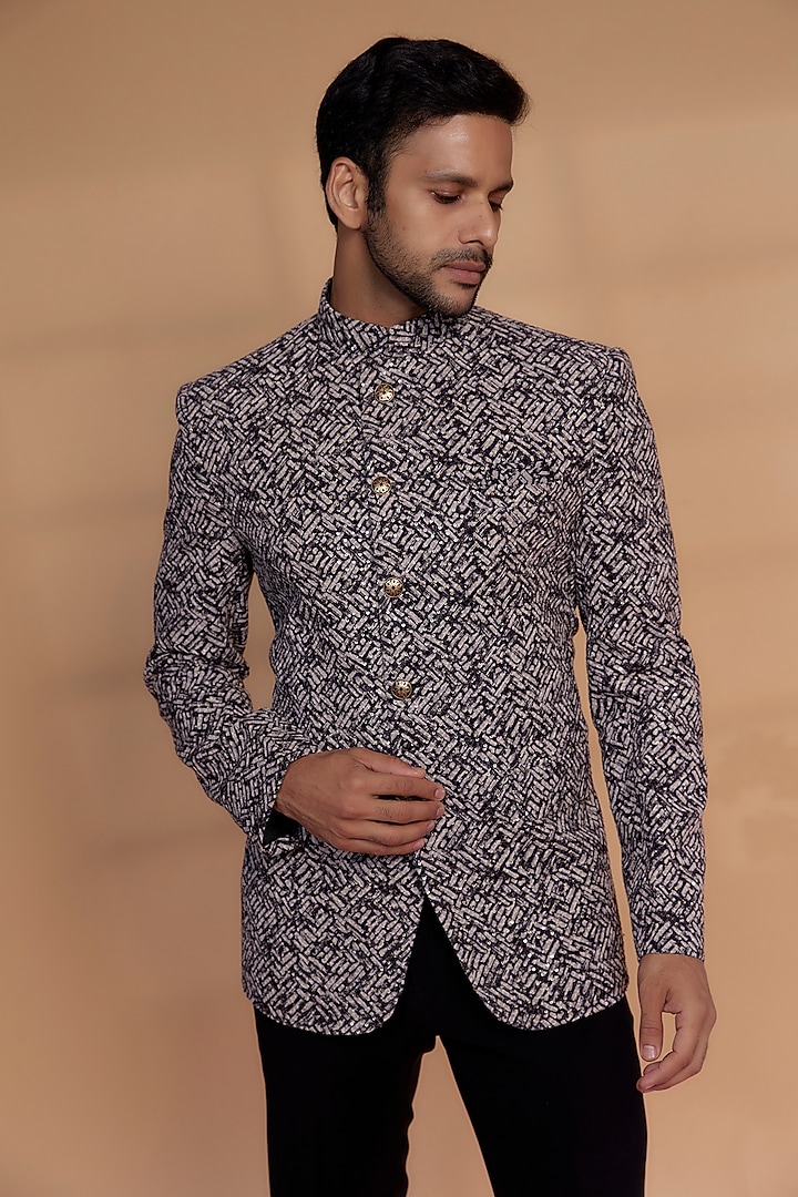 Black Velvet Sequined Bandhgala Set by RIYAASAT at Pernia's Pop Up Shop