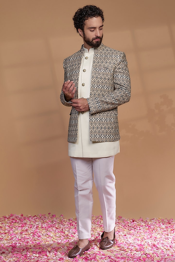 Multi-Colored Silk & Imported Suiting Fabric Indowestern Set by RIYAASAT