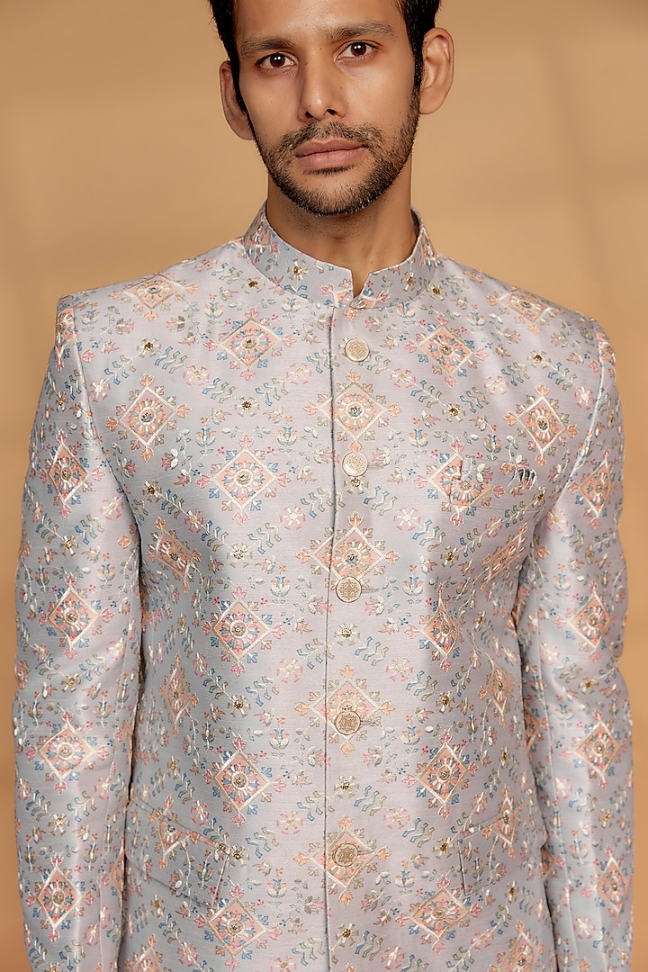 Mauve Silk Embroidered Bandhgala Set by RIYAASAT at Pernia's Pop Up Shop