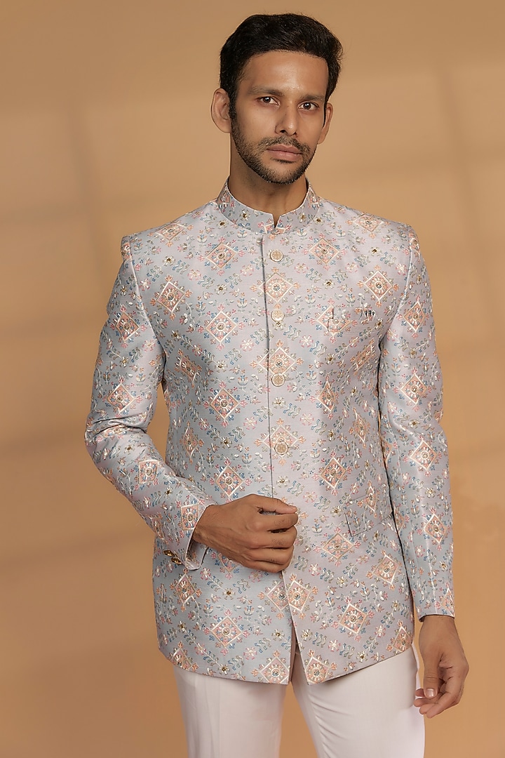 Mauve Silk Embroidered Bandhgala Set by RIYAASAT at Pernia's Pop Up Shop