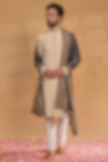 Pale Beige Italian Suiting Wedding Sherwani Set by RIYAASAT at Pernia's Pop Up Shop