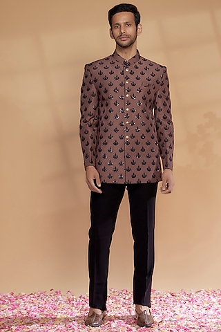 Brown Silk Sequined Jodhpuri Set by RIYAASAT