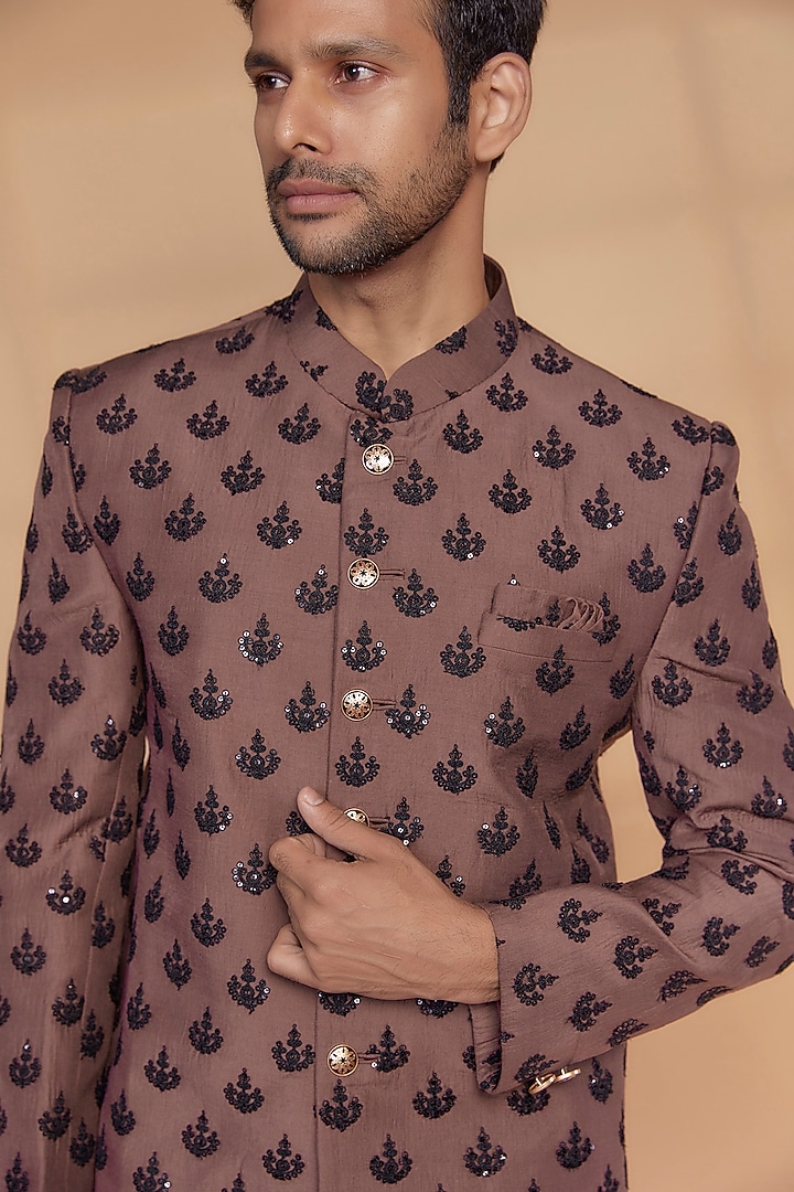 Brown Silk Sequined Jodhpuri Set by RIYAASAT at Pernia's Pop Up Shop