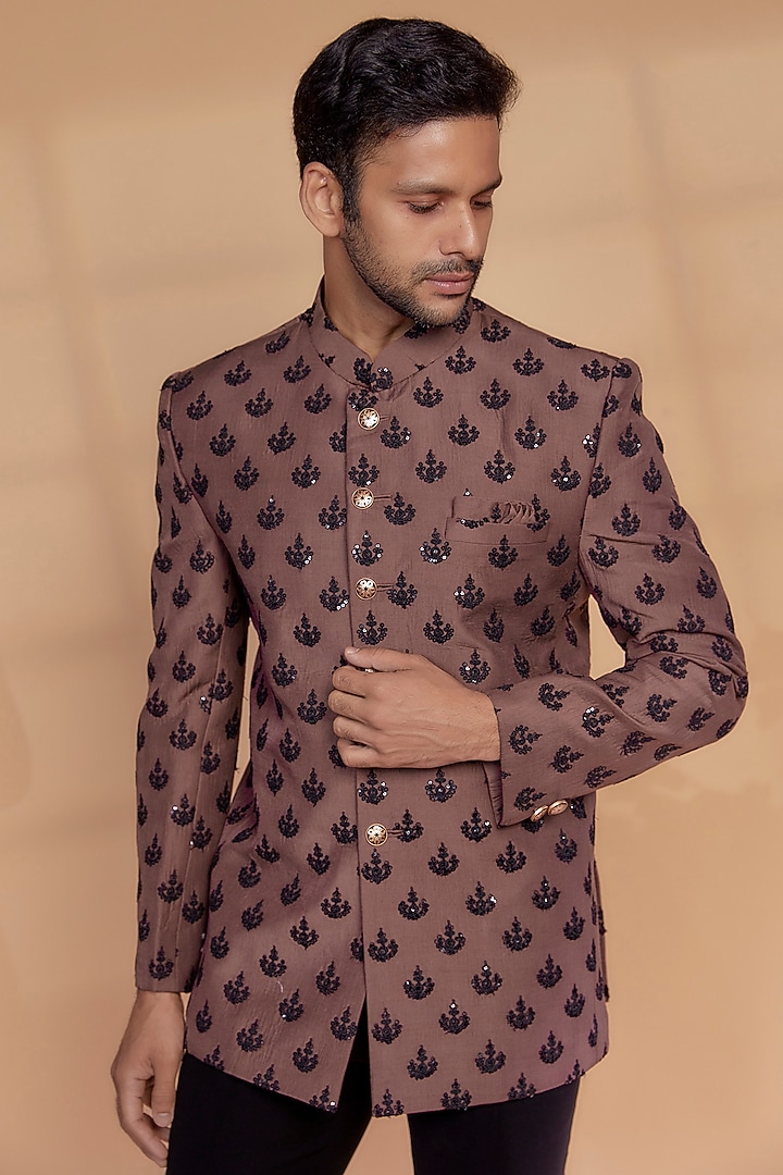 Brown Silk Sequined Jodhpuri Set by RIYAASAT at Pernia's Pop Up Shop