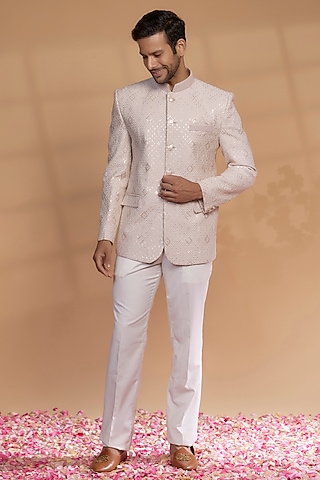 Soft Pink Silk Sequined Jodhpuri Set by RIYAASAT