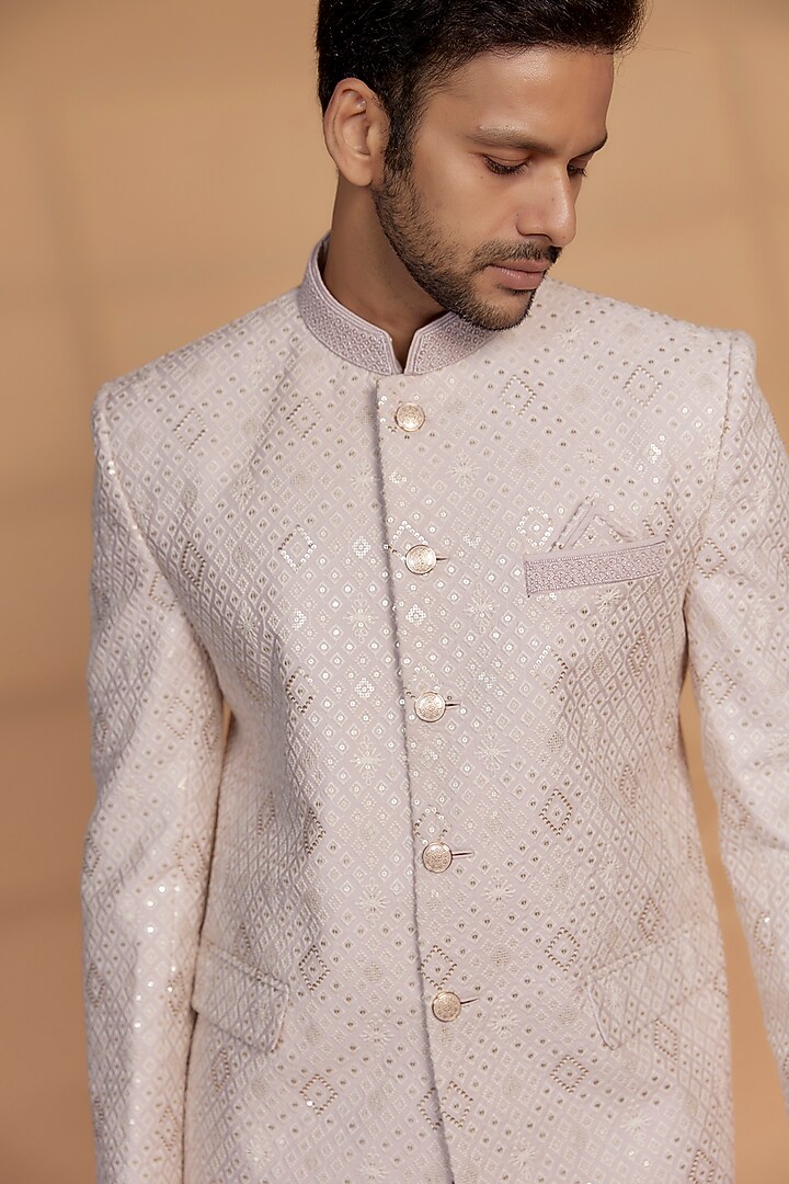 Soft Pink Silk Sequined Jodhpuri Set by RIYAASAT at Pernia's Pop Up Shop