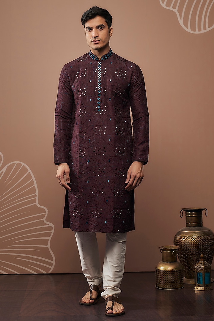 Wine Silk Hand & Machine Work Kurta Set by RIYAASAT at Pernia's Pop Up Shop