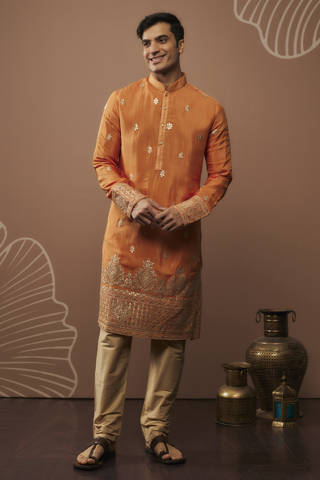 Orange Silk Hand & Machine Work Kurta Set by RIYAASAT