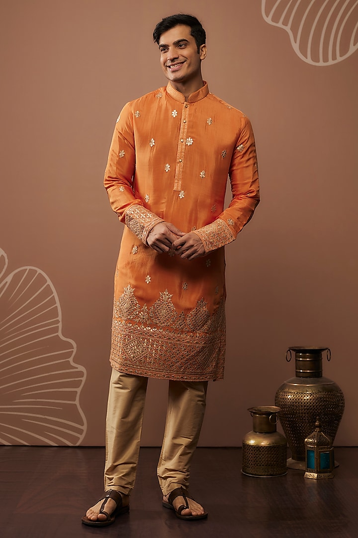 Orange Silk Hand & Machine Work Kurta Set by RIYAASAT