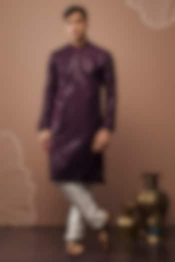 Purple Silk Sequins Embellished Kurta Set by RIYAASAT