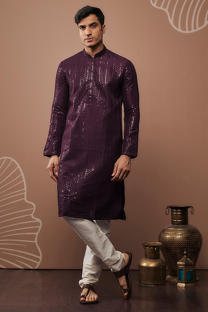 Purple Silk Sequins Embellished Kurta Set by RIYAASAT at Pernia's Pop Up Shop