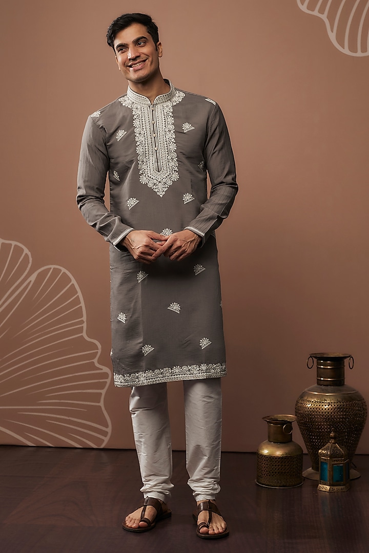 Taupe Silk Embroidered Kurta Set by RIYAASAT