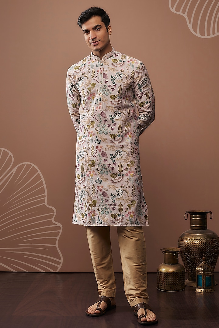 Multi-Colored Silk Hand & Machine Work Kurta Set by RIYAASAT