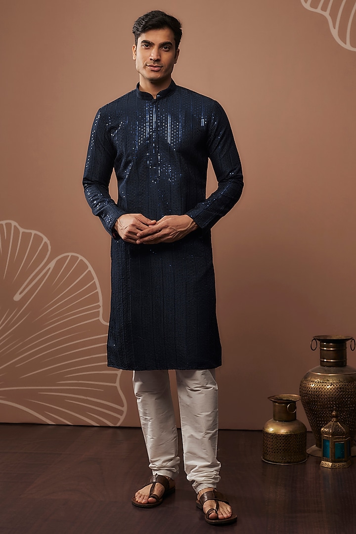 Royal Blue Silk Sequins Work Kurta Set by RIYAASAT at Pernia's Pop Up Shop