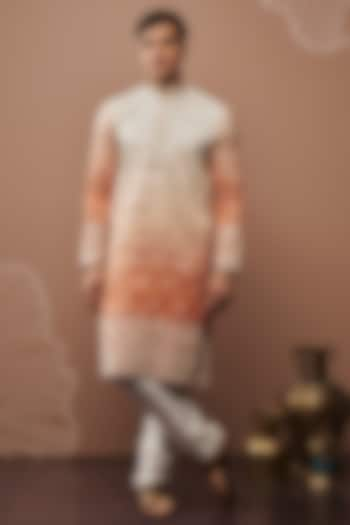 Orange & White Silk Hand & Machine Embroidered Kurta Set by RIYAASAT at Pernia's Pop Up Shop